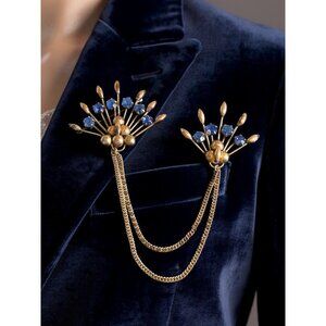 Vtg Star-Art Gold-Tone Double Brooch Blue Rhinestones & Draped Chains